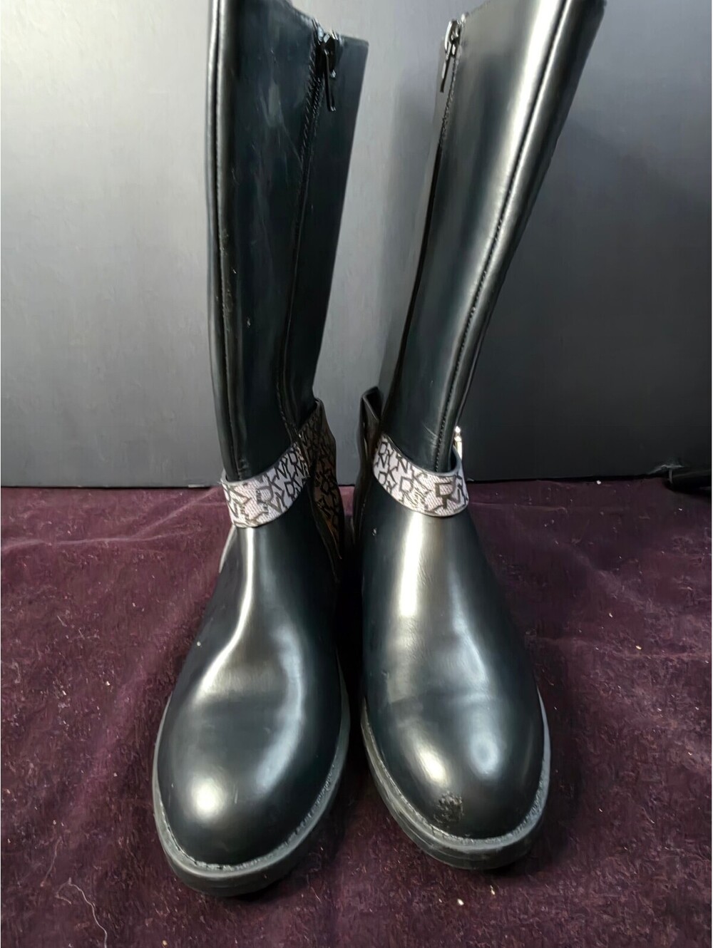 DKNY Black Leather Mid-Calf Boots with Logo Strap